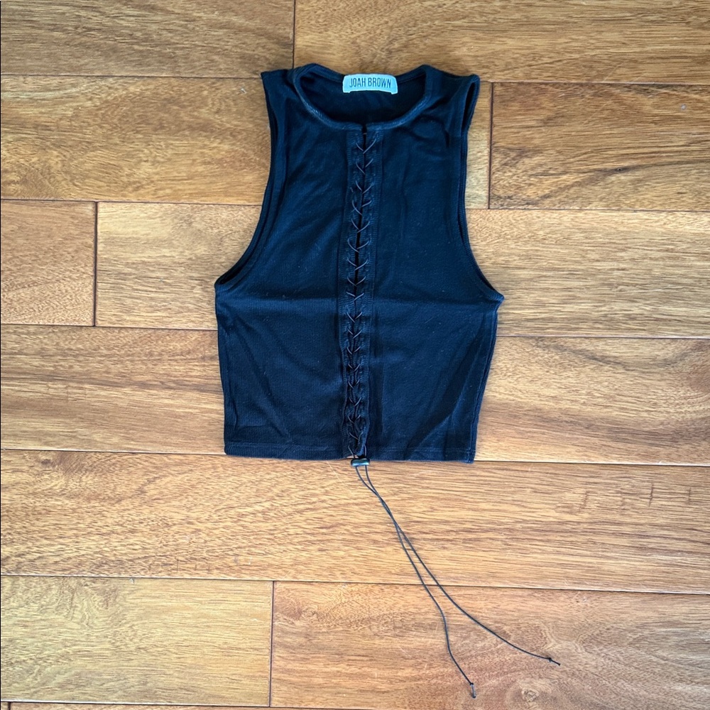 Joah Brown Black Lace-Up Crop Top